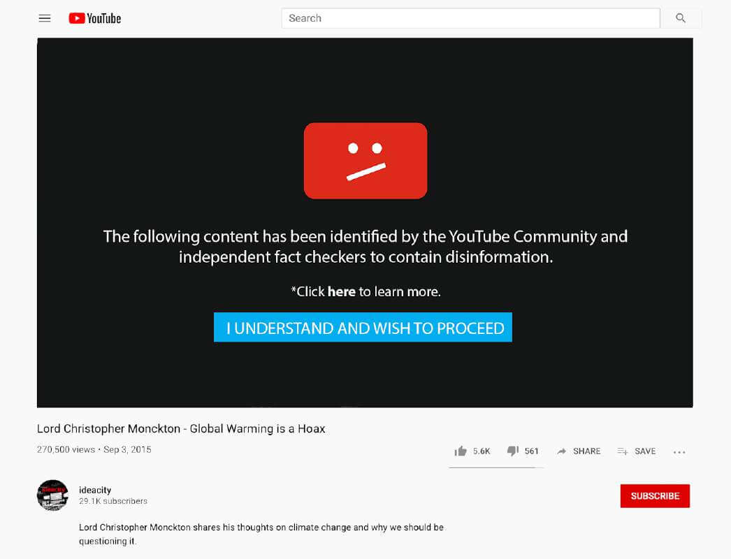 Caption: An Avaaz mock up of what effective misinformation corrections could look like on YouTube videos.